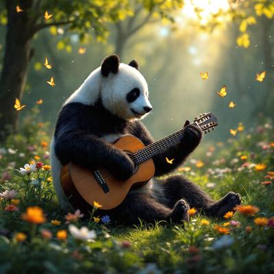 The primary subject of the image is a panda bear sitting in a field of flowers, holding a guitar. The setting is a lush, colorful environment with a variety of flowers surrounding the panda. The visual style is a digital art or illustration, creating a whimsical and imaginative scene. The colors and mood are vibrant and cheerful, with the panda and the flowers creating a sense of playfulness and joy.